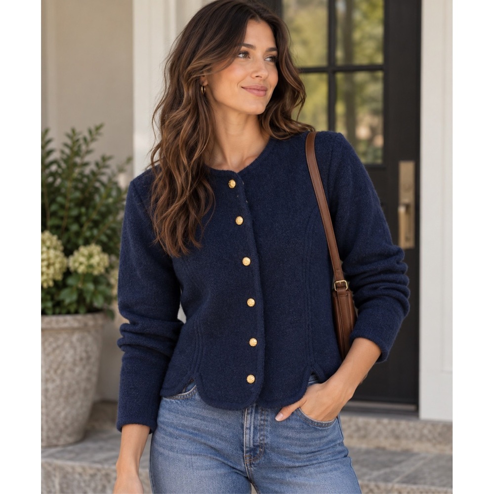 CRYSTAL-KOBE Navy Textured Knit Cardigan Jacket M Gold Button Scalloped Hem